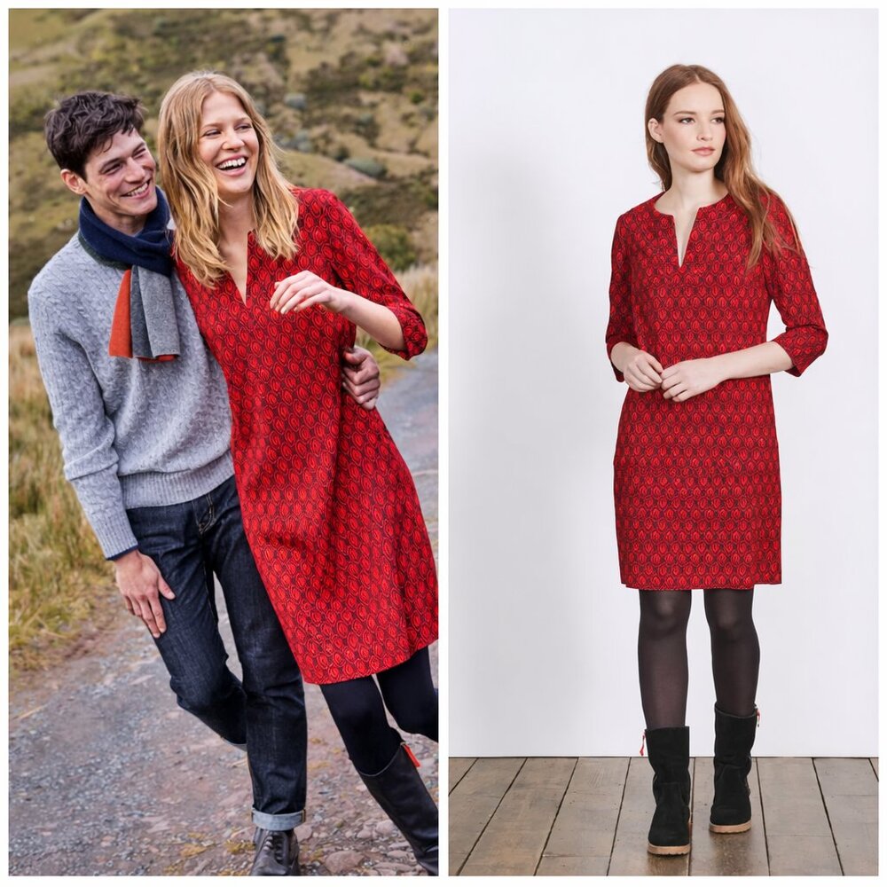 Boden Red Easy Notch Neck Printed Shift Dress US 6 ¾ Sleeve